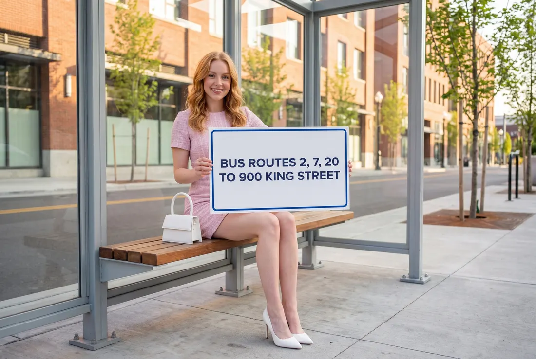 Generated image: the guide's character sits on a bench in a glass bus shelter holding a card that reads BUS ROUTES 2, 7, 20 TO 900 KING STREET.