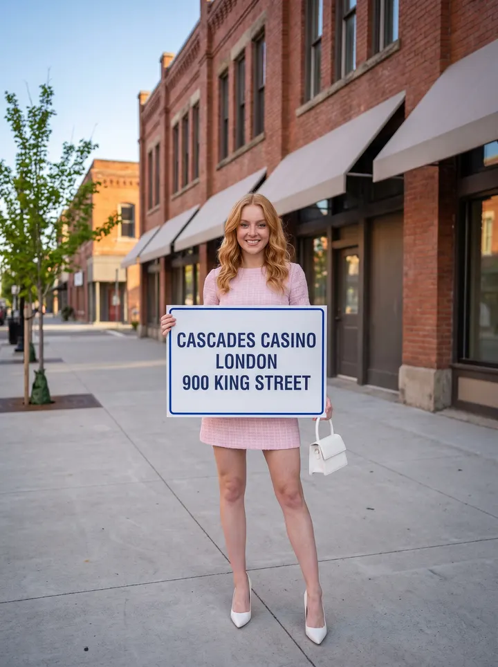 Generated image: a young woman with strawberry-blonde hair in a pink tweed mini dress stands on a brick-lined city sidewalk holding a white card that reads CASCADES CASINO LONDON, 900 KING STREET.